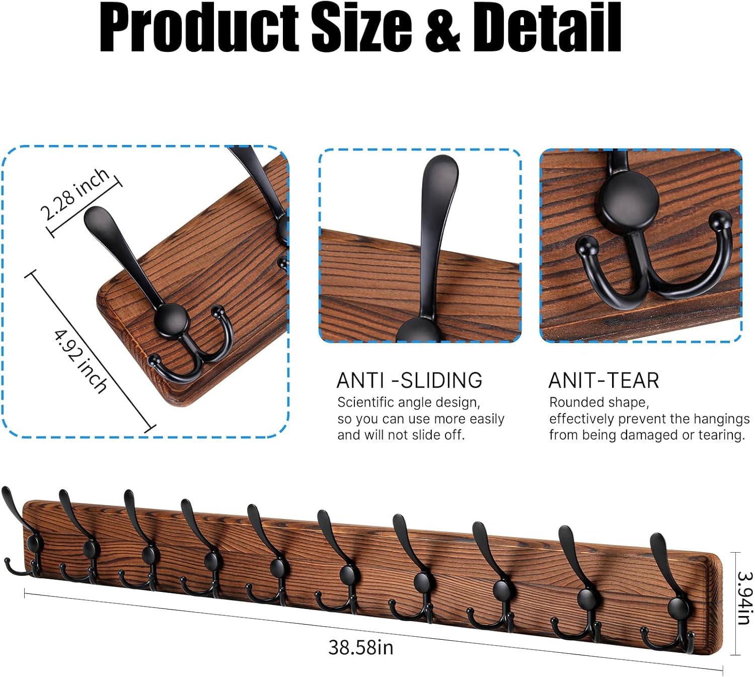 Gohiuo Rustic 38.6 Large Coat Rack Wall Mount, Long Wood Coat Hooks with 10 Triple Hooks, Heavy Duty Wooden Coat Hanger Wall Mount for Entryway, Farmhouse Hanging Jackets, Coats, Hats, Bags,Towel